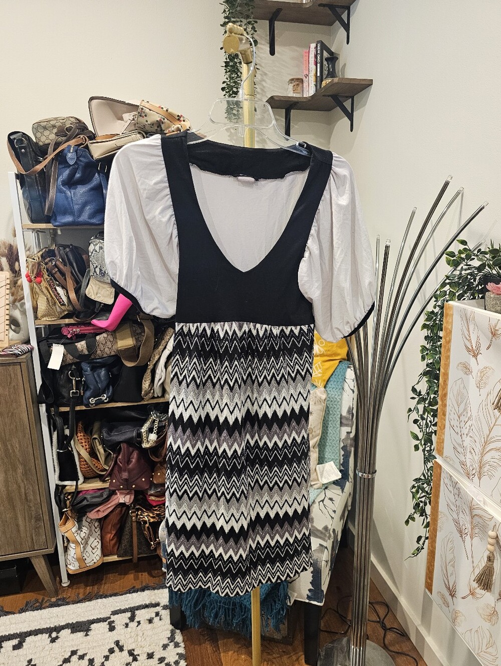 Vintage Black and White Chevron Puff-Sleeve Dress